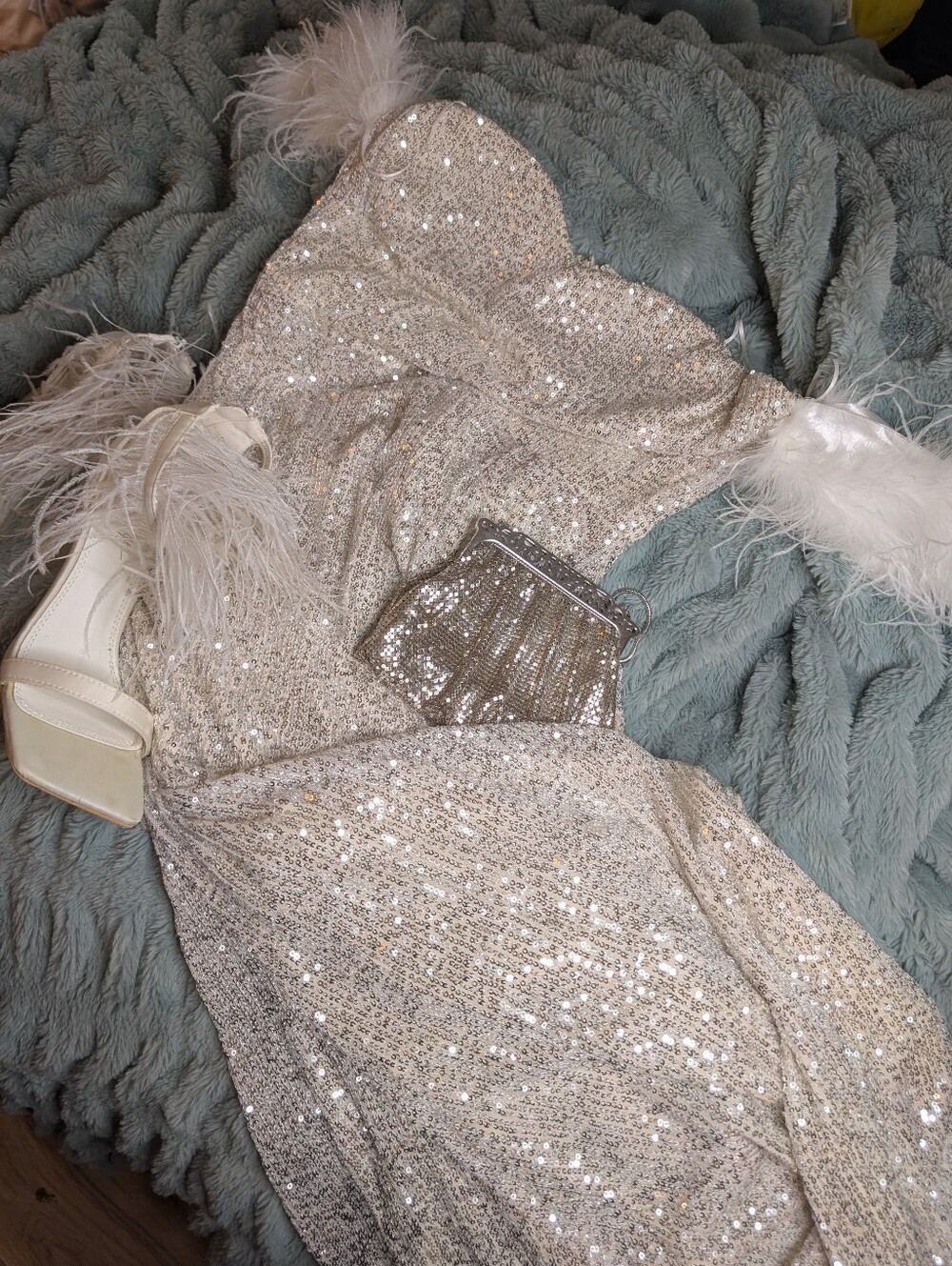 Silver Sequin Feather Strap Gown | Glam Old Hollywood Formal Dress